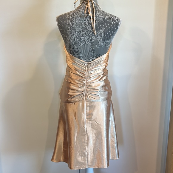 90’s Vintage Jessica McClintock Gold Halter Ruched Dress Marilyn Monroe Vibes - Picture 5 of 10